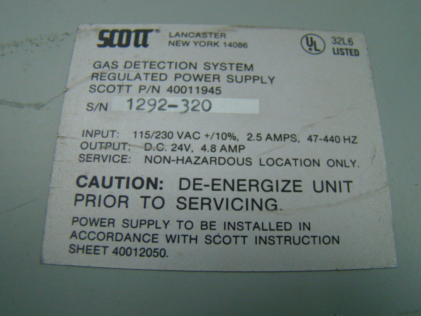 Scott 115/230v Gas Detection System Power Supply 40011945