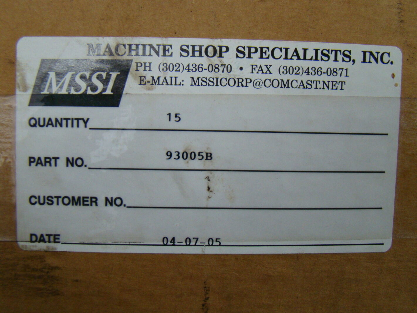 Machine Shop Specialists Inc. 93005B