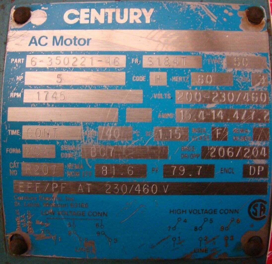 Century AC Motor 5HP Mo. 635022146 Joseph Fazzio, Incorporated