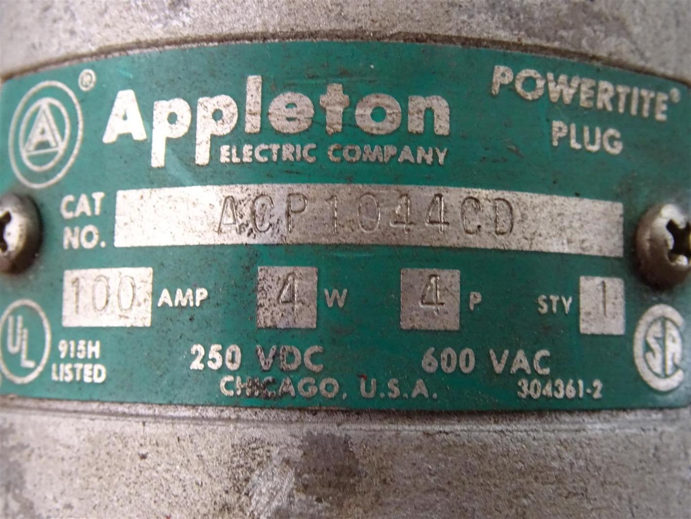 Appleton Electric Company 100a 4Pole 600v Powertite Plug , 1CP 1044CD