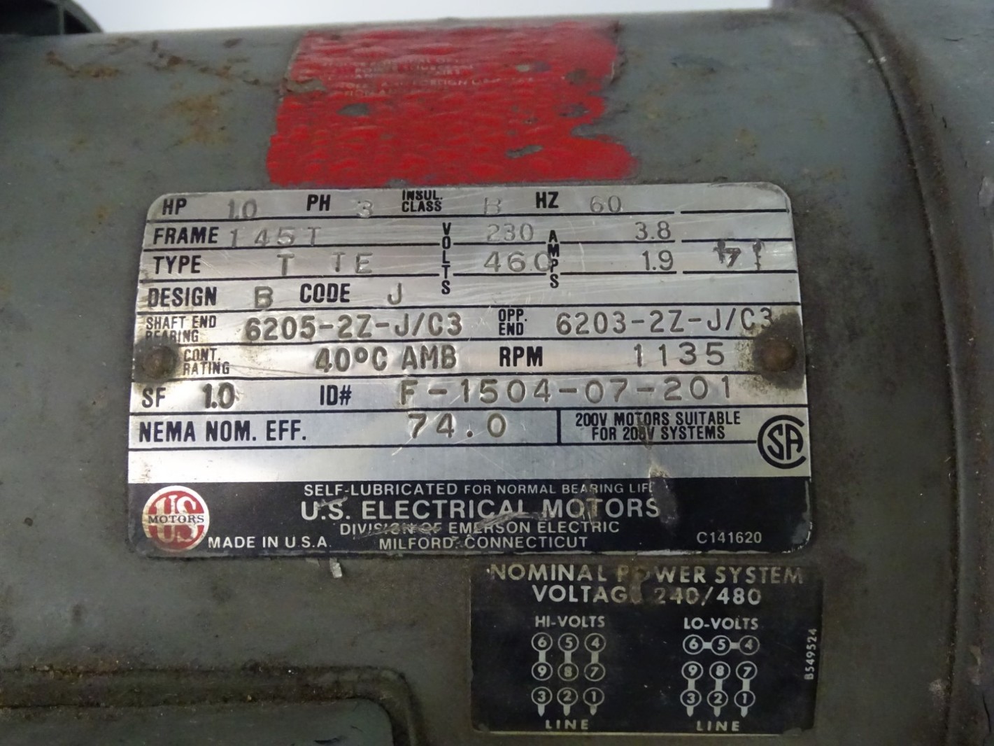 U.S Electrical Motors Motor/Gearbox HP 1.0 3PH , 60Hz , 1135R PM 145T