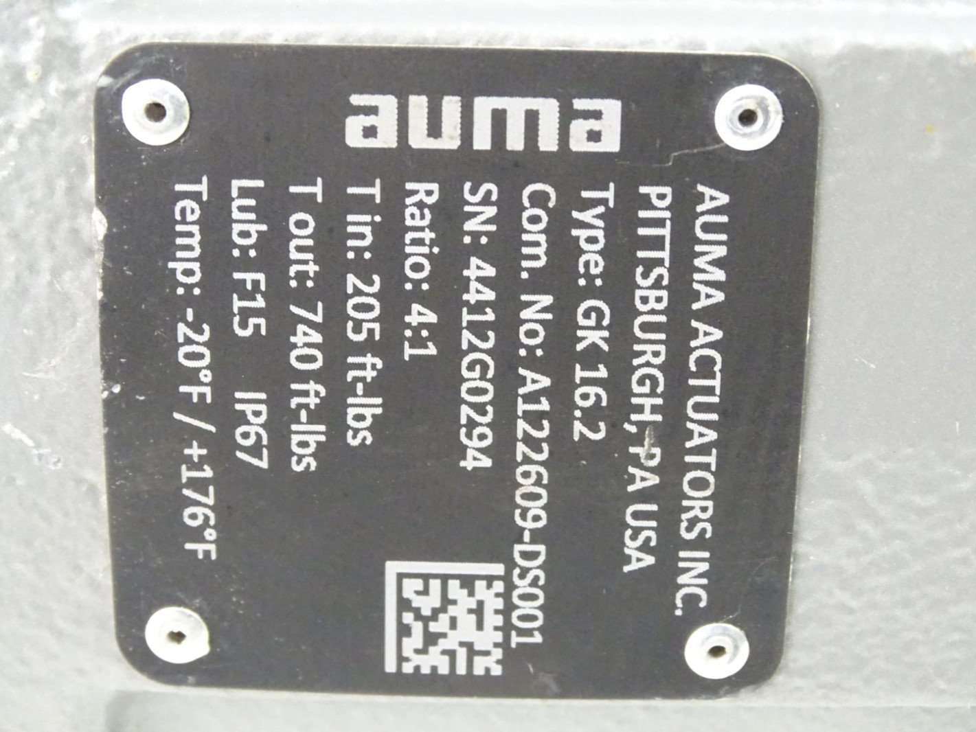 Auma Actuators Inc. Gearbox Ratio 41 , GK 16.2 Joseph Fazzio
