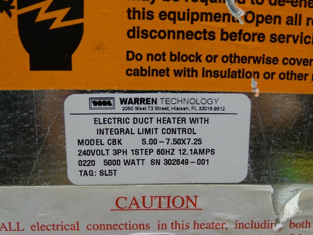 Warren Technology Electrical Duct Heater w/ Limit Control, CBK | Joseph  Fazzio, Incorporated