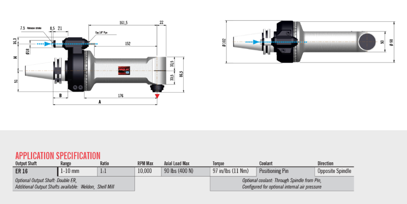 Gerardi CAT40 ER16 Long Milling Right Angle Head F90-10L ATC