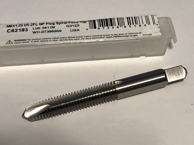 M8 X 1.25 D5 HIGH SPEED STEEL 2 FLUTE SPIRAL POINT PLUG TAP