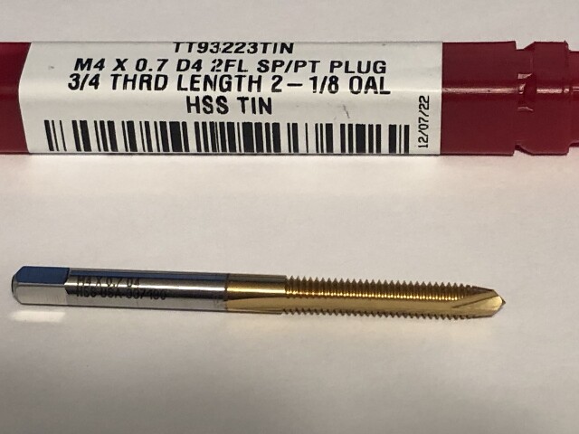 M4 x 0.70 D4 HIGH SPEED STEEL 2 FLUTE TiN COATED SPIRAL POINT PLUG TAP