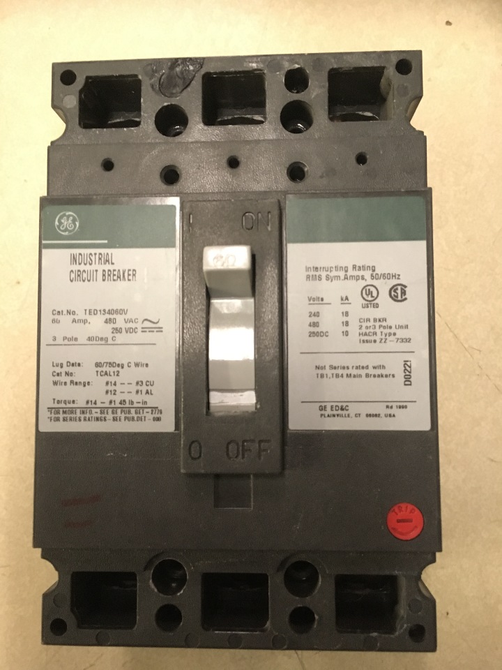 GE Industrial Circuit Breaker, 60 Amp, 480 VAC, 250 VDC, 3 pole, Cat No