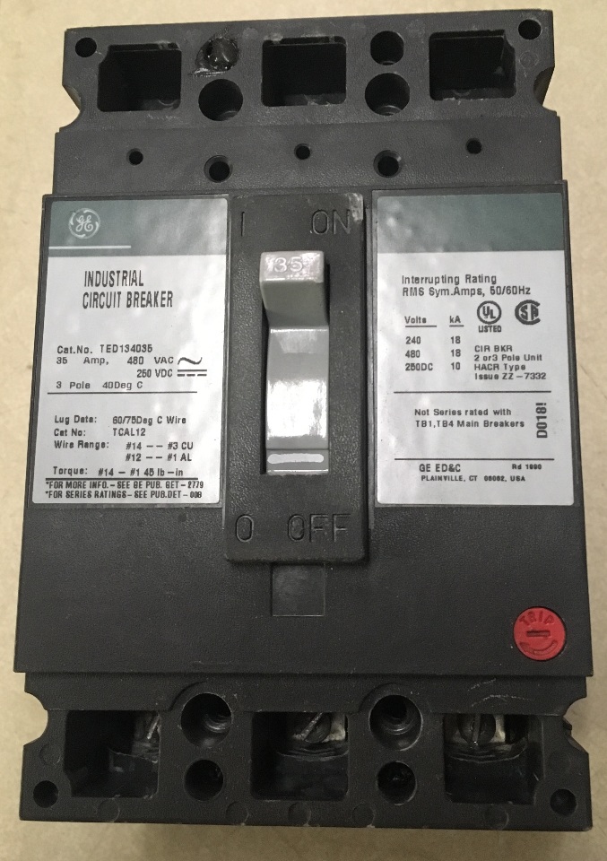 GE Industrial Circuit Breaker, 35 Amp, 480 VAC, 250 VDC, 3 pole Cat. No