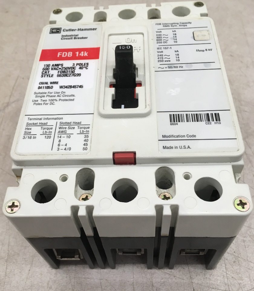 Cutler Hammer Circuit Breaker 150 AMP, 3 Poles, 600 VAC=250 VDC, FDB