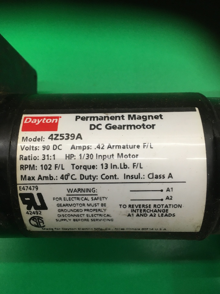 Dayton Permanent DC Gear Motor 4Z539A, 90V DC, HP 1/30 Input