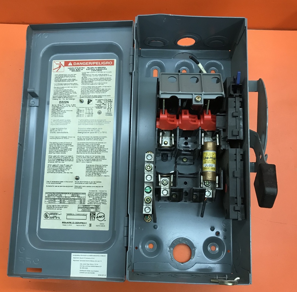 Square D 60 Amp Safety Switch, Cat No D222N 240 Volt Single Phase