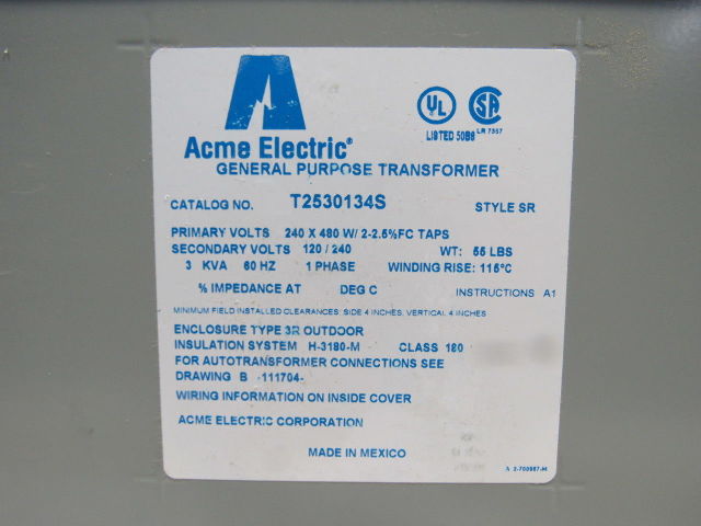 Acme T2530134s 240 480v Pri 3 Kva 1ph 60hz 120 240v Secondary Transformer