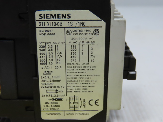 Siemens Contactor 3TF3110-0B 20a 600vac Used T//O