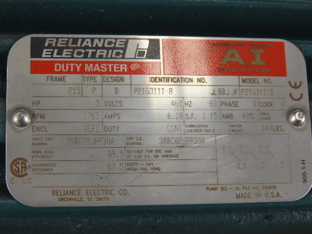 Reliance Electric P21g3111d 5hp Ac Motor 1765rpm 3ph 460v 60hz 215 5hp Ac Motor 1765rpm 3ph 460v 60hz
