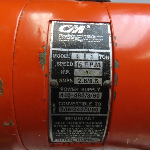 CM Lodestar Model L 1 Ton Electric Chain Hoist 15' Lift 16FPM 208-230