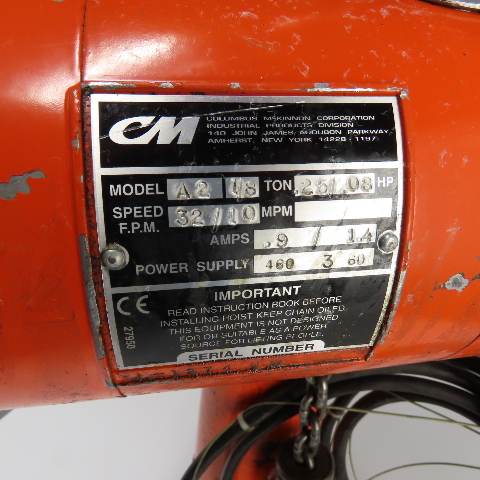 CM Lodestar Model A2 1/8Ton 250LB Electric Chain Hoist 460V 3Ph 32