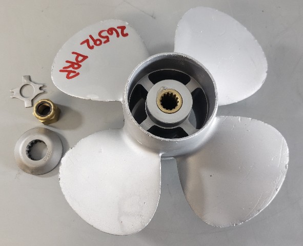 Nissan Tohatsu 10 x 7 RH ALUM 4 Blade Propeller 14 splines 8 9.9 12 15 18 + HP