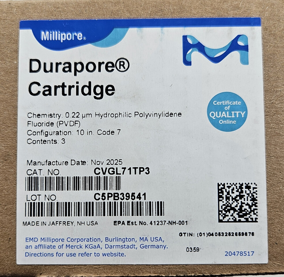 QTY 3 MILLIPORE DURAPORE CARTRIDGE 0.22UM HYDROPHILIC PVDF 10" CODE 7 CVGL71TP3