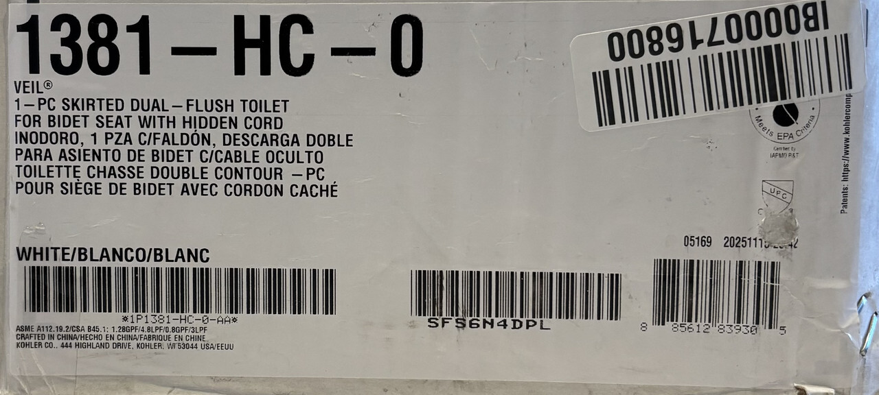 KOHLER 1381-HC-0 VEIL 1-PC SKIRTED DUAL FLUSH TOILET WHITE FOR BIDET SEAT