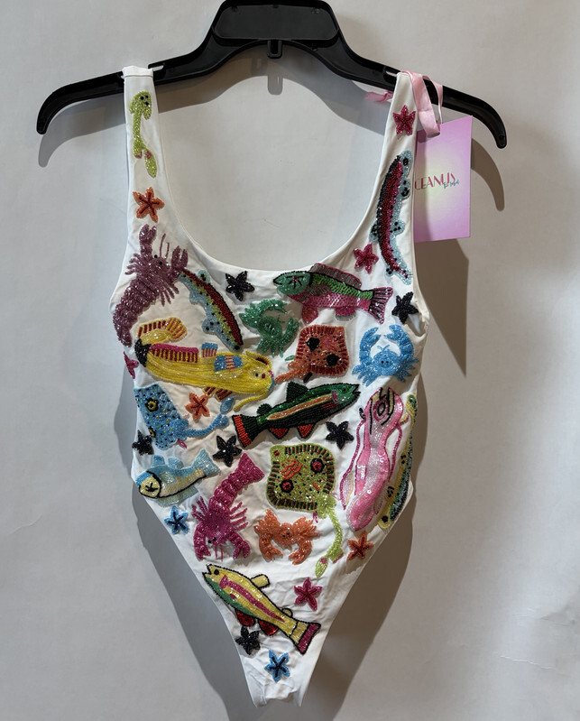 OCEANUS ARIZONA BEADED SWIMSUIT SWIMSUIT XS X-SMALL JERSEY WHITE MULTI SS03087