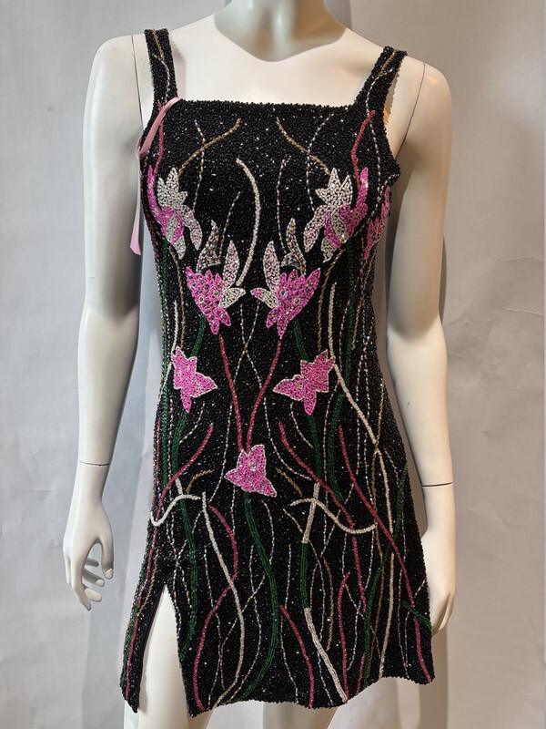 OCEANUS MALIBU FLORAL MINI DRESS BLACK SZ SMALL S HAND--BEADED NEW