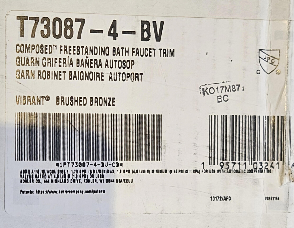 KOHLER T73087-4-BV VIBRANT BRUSHED BRONZE FLOOR-MOUNT BATH FILLER TRIM HANDSHOWER