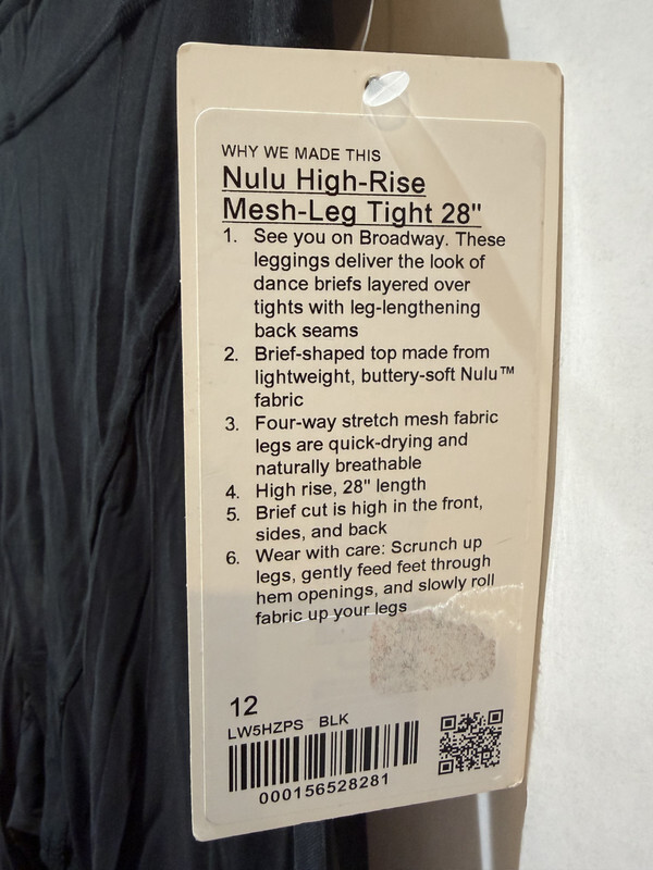 LULULEMON WOMEN'S NULU HIGH-RISE MESH-LEG TIGHT 28" SIZE 12 LW5HZPS BLACK