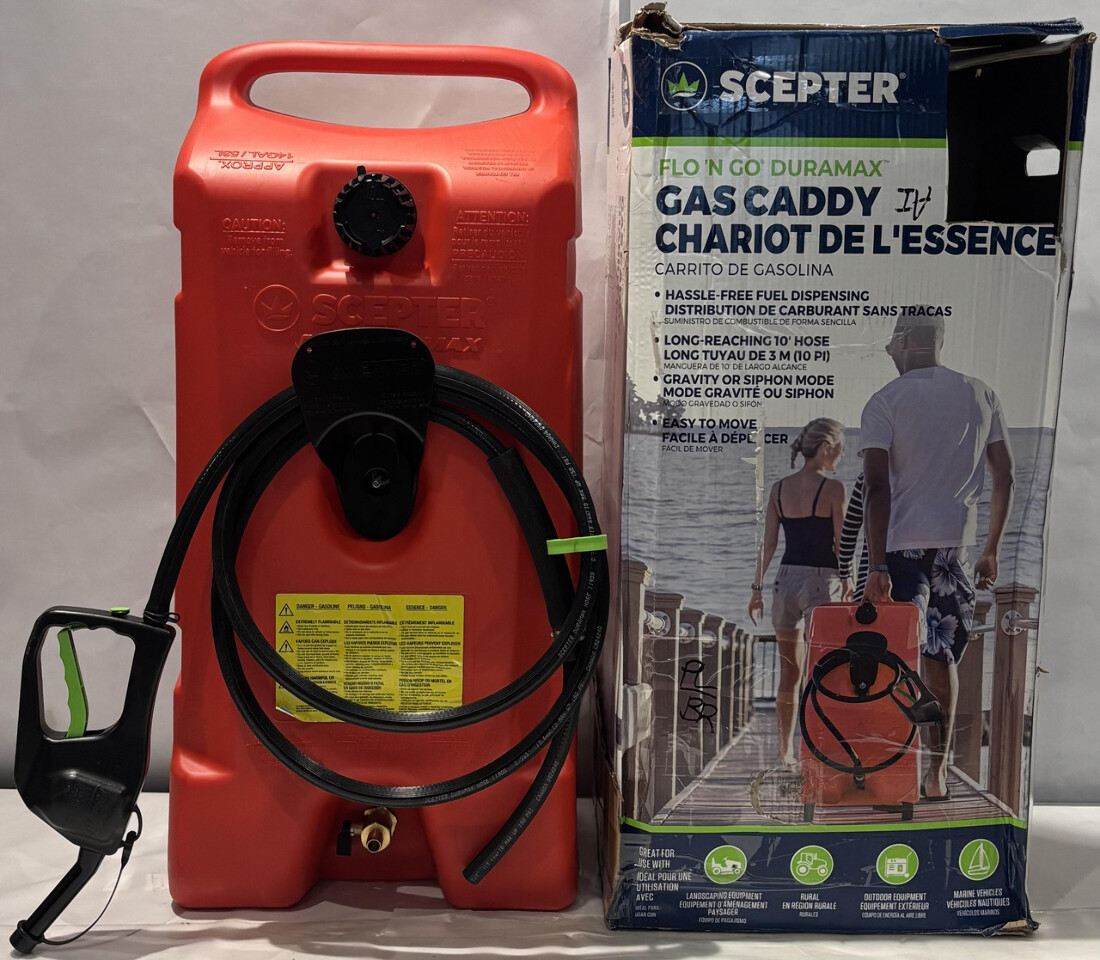 SCEPTER FLO'N GO DURAMAX GAS CADDY 14 GAL 53 LITER WITH LONG REACHING 10' HOSE