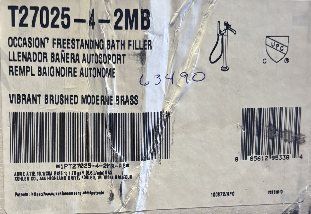 KOHLER T27025-4-2MB OCCASION FREESTAND BATH FILLER VIBRANT BRUSHED MODERN BRASS