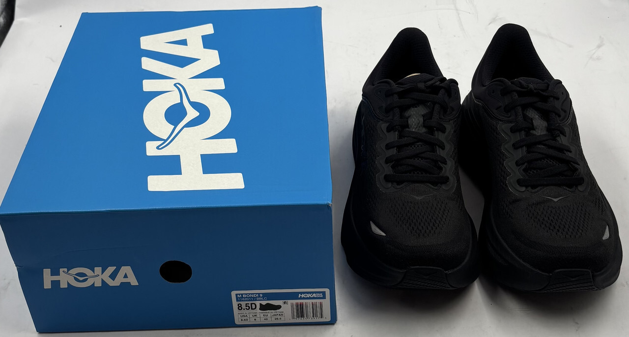 HOKA BONDI 9 1162011 BBLC MENS SIZE 8.5D BLACK/BLACK MESH CUSHIONED 42