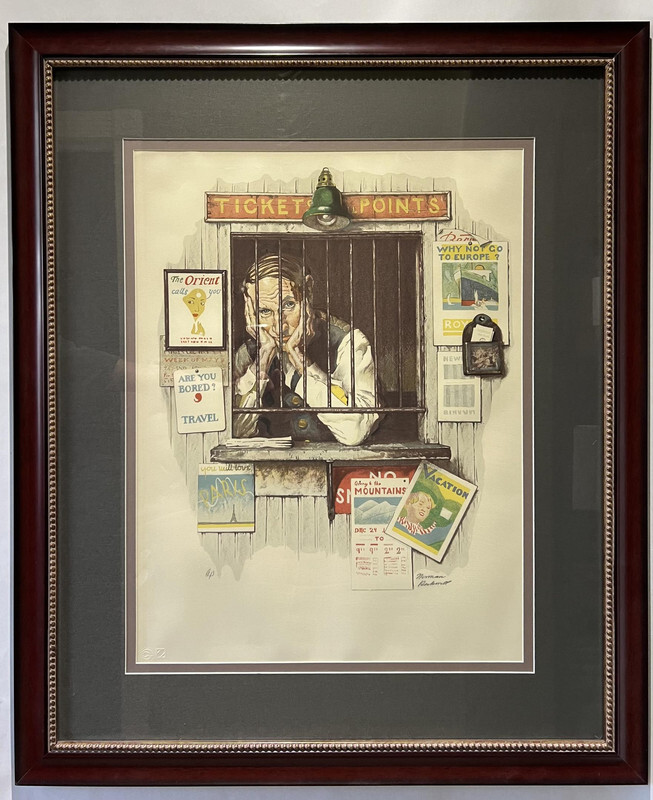 NORMAN ROCKWELL "TICKET SELLER" HAND SIGNED ORIGINAL LITHOGRAPH A/P WITH FRAME