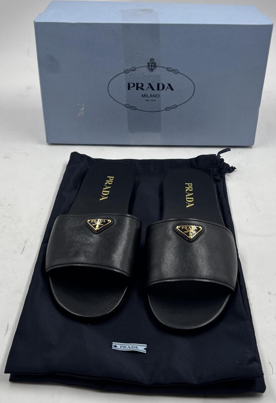 PRADA MILANO CALZATURE DONNA SIZE EU 40 US 10 NERO NAPPA LOGO SLIDE SANDAL SHOES