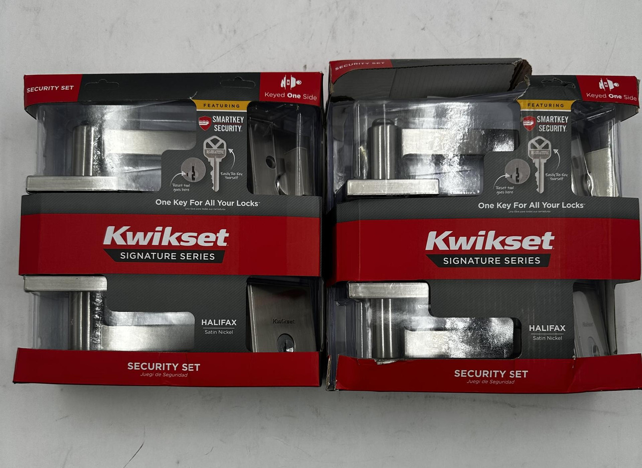 LOT OF 2 KWIKSET HALIFAX SATIN NICKEL DOOR HANDLE SECURITY SET 99910-067
