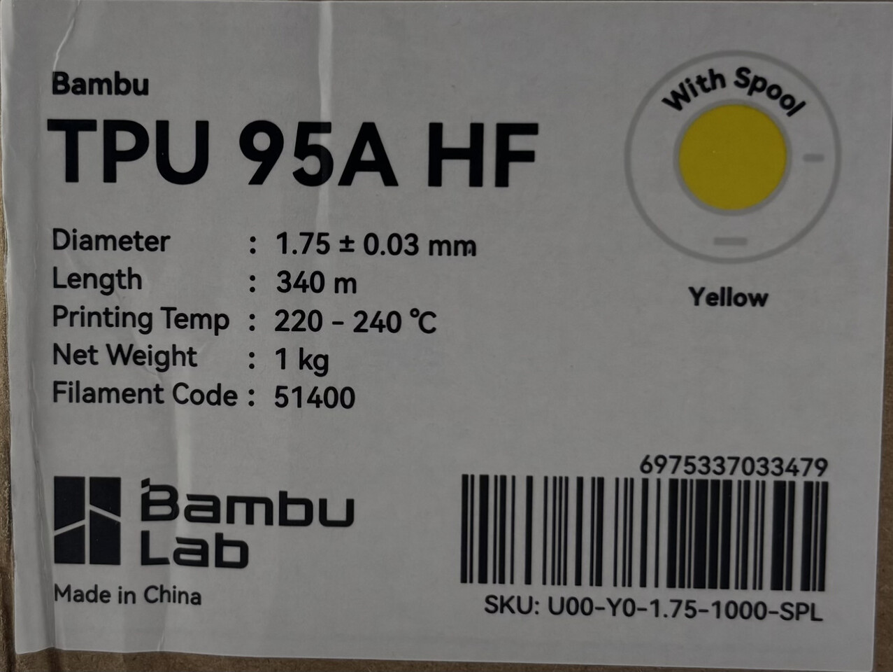 BAMBU LAB TPU 95A HF 1KG YELLOW 3D PRINTING FILAMENT FOR BAMBU REUSABLE SPOOL