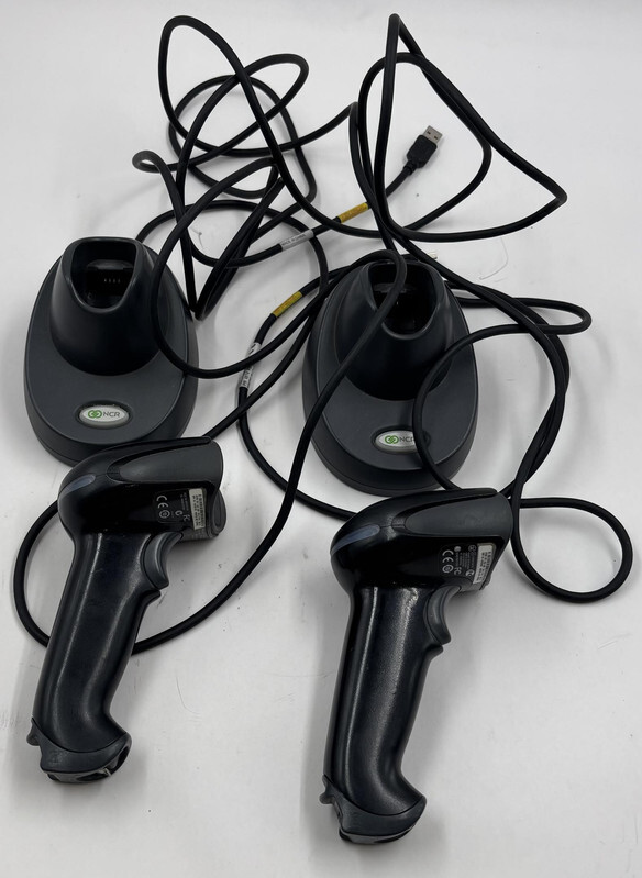 LOT OF 2 HONEYWELL NCR 1902 497-0434401 BLACK BARCODE SCANNERS WITH CHARGERS