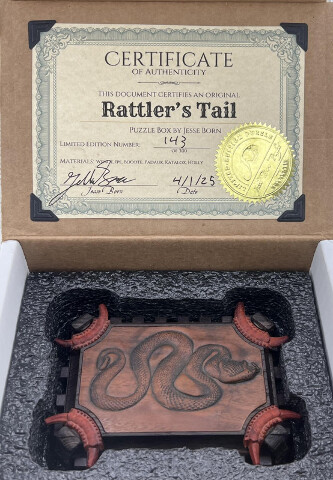 JESSE BORN OFFICIAL RATTLER'S TAIL PUZZLE BOX #143/300 WITH CERTIFICATE