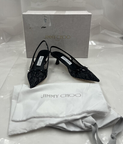 JIMMY CHOO AMITA 45 LACE AND SPAZZOLATO PUMPS BLACK HEELS SIZE 6.5 EU 36.5