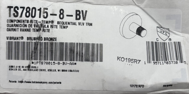 KOHLER TS78015-8-BV COMPONENTS RITE TEMP SEQUENTIAL VLV TRM VIBRANT BRONZE