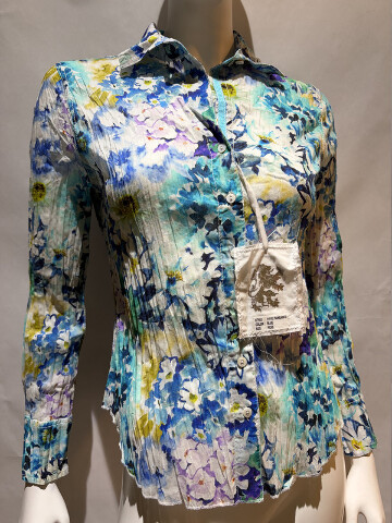 SUNDANCE BLUE FLORAL CRINKLE SHIRT LONG SLEEVE 111102 SIZE PXXS PETITE XX SMALL