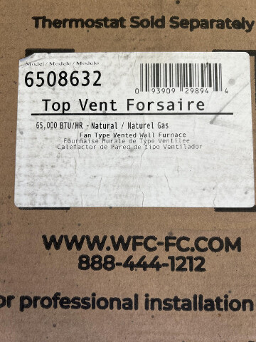 WILLIAMS FORSAIR COUNTERFLOW TOP VENT WALL FURNACE 55K-65K BTU/HR 6508632