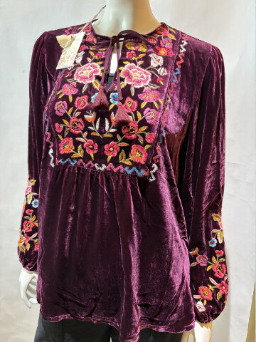 JOHNNY WAS WOMENS CURVED HEM PRAIRIE BLOUSE COLOR EGG PLANT J16225 SZ MEDIUM M