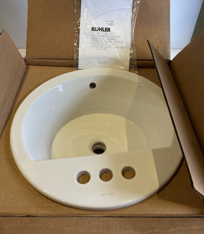 KOHLER 2714-4-0 BRYANT WHITE ROUND SELF RIMMING BATHROOM SINK 19"L X 19"W
