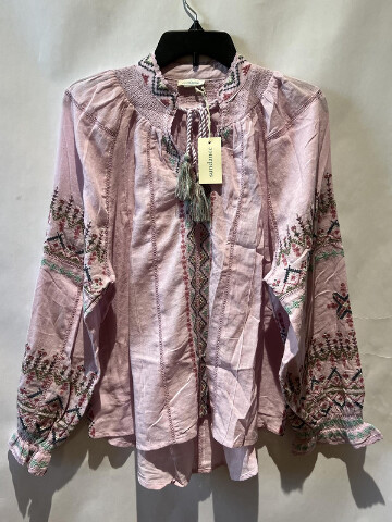 SUNDANCE WOMEN LIGHT PINK SHAYDA PEASANT TOP W FLORAL EMBROIDERY & TASSLES SMALL