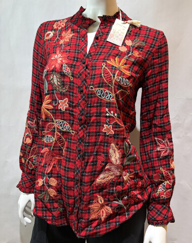 JOHNNY WAS WOMEN'S RUFFLE COLLAR BLOUSE COLOR AMAR PLAID W17425 SIZE X SMALL