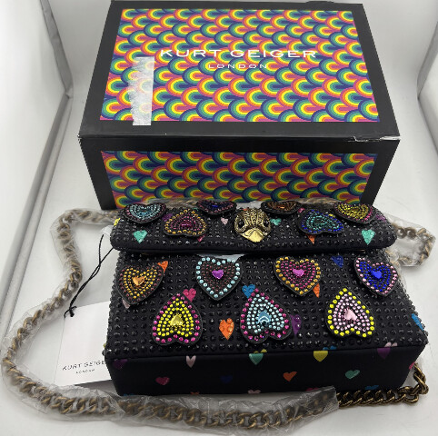 KURT GEIGER LONDON FABRIC MINI KENSINGTON BLACK/COMB HEART PATTERN