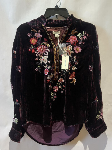 SUNDANCE WOMENS VELVET LONG SLEEVE TOP FLORAL EMBROIDERED BURGUNDY PLUM SMALL S