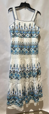 SUNDANCE GARDEN SUNSET DRESS WHITE AND BLUE BOHO MIDI EMBROIDERED DRESS SIZE 10
