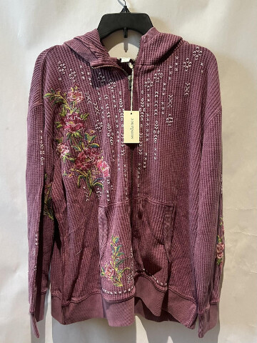 SUNDANCE JOLENE EMBRODIERED FLROAL ZIP UP HOODIE PURPLE WAFFLE KNIT BOHO SIZE XL