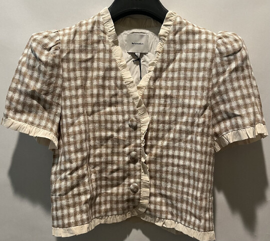 REFORMATION WOMENS BESS LINEN DUNE CHECK SHORT SLEEVE BLOUSE XS 1315368DUK0XS