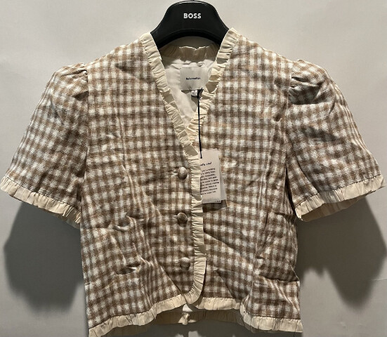 REFORMATION WOMENS BESS LINEN DUNE CHECK SHORT SLEEVE BLOUSE S 1315368DUK00S